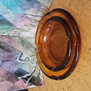 1960s Mid Century Modern Amber Glass Round Ashtray Set